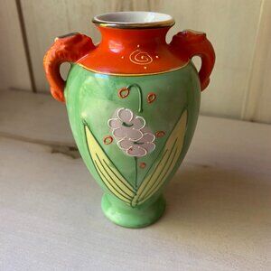 VTG Hand Painted Japan Dual Handle Moriage Mini Bud Vase Green Orange Floral 5"